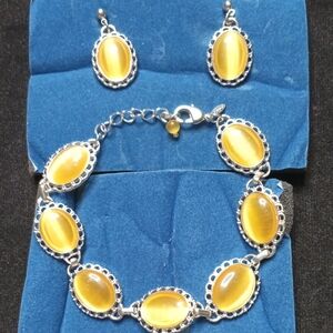 Yellow Cat's Eye Stone 8" Bracelet and Earrings Set